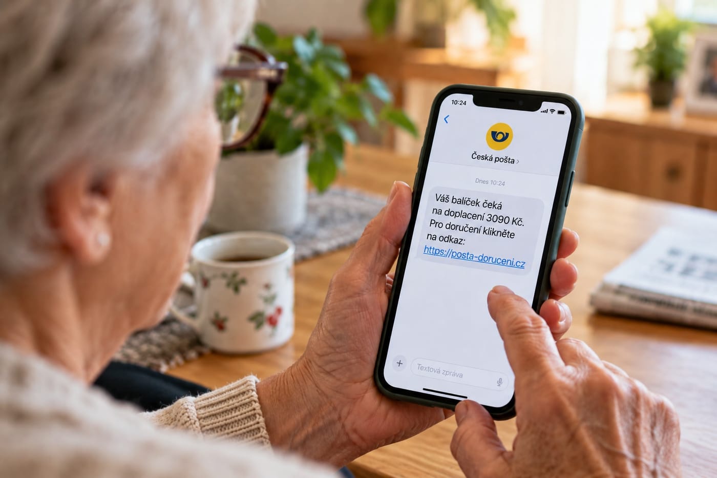 Seniorka drží telefon s podvodnou SMS, která tvrdí, že balíček čeká na doplacení.