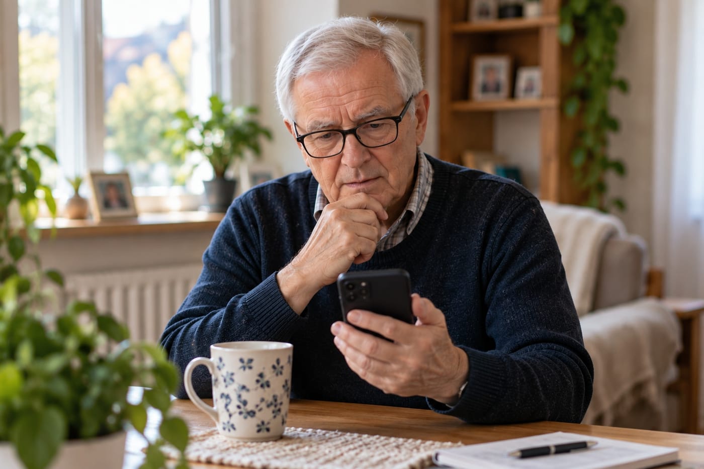 Seniorka sedí u stolu s telefonem v ruce a klidně si prohlíží obrazovku.