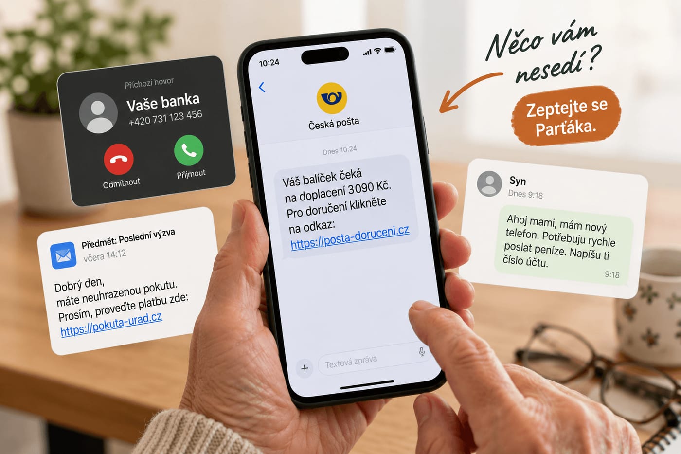 Telefon v ruce seniorky, kolem něj podvodná SMS od České pošty, hovor z „banky“, e-mail s pokutou a zpráva od „syna“, který si říká o peníze.